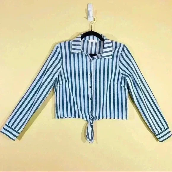 Miss Love Pinstripe Button Down Crop Top with Tie - Picture 1 of 11